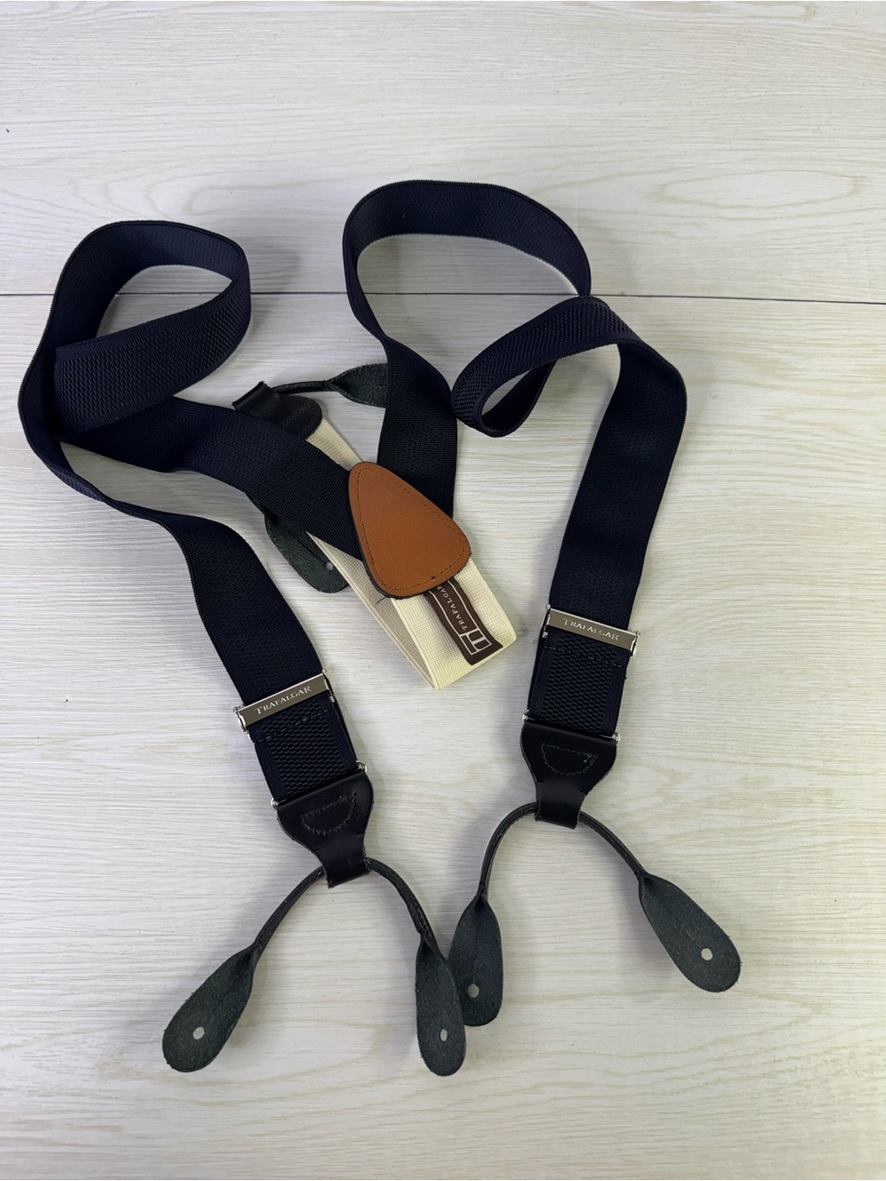 Trafalgar Suspenders Navy Elastic Black Leather Button On Braces